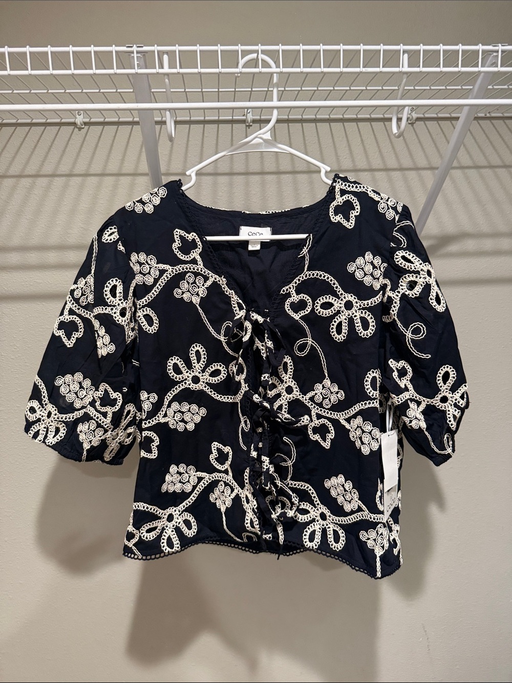 CeCe Navy Embroidered Tie-Front Puff Sleeve Blouse